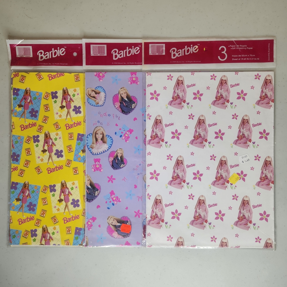 Barbie Wrapping Paper Vintage 1998 Mattel Lot of 3 Sealed Packs